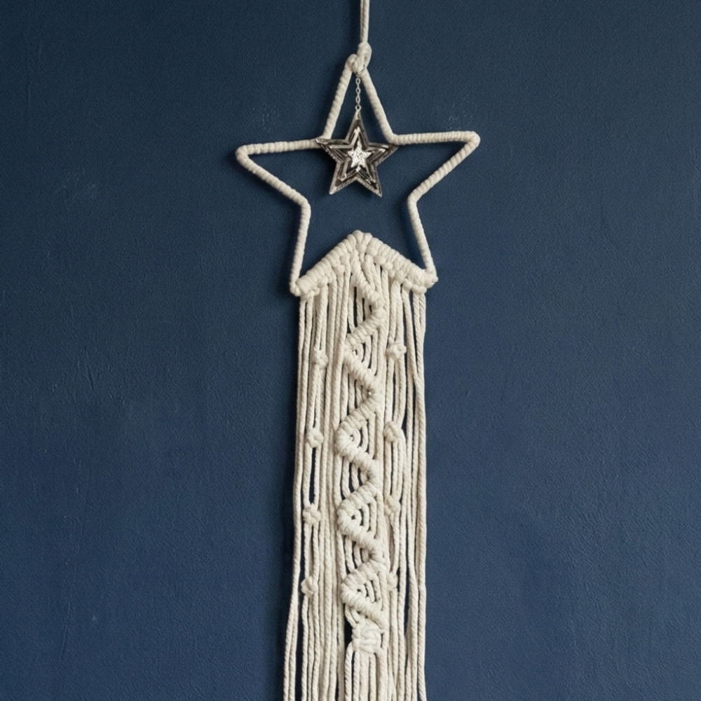 Celestial Macramรฉ Star Wall Hanging 38โ Cream Silver Charm Whimsigoth Decor - Picture 10 of 14